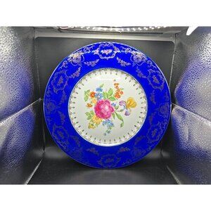 Czechoslovakia Blue Dinner Plate Cobalt 32/3477 Vintage Floral Gold 10 7/8”